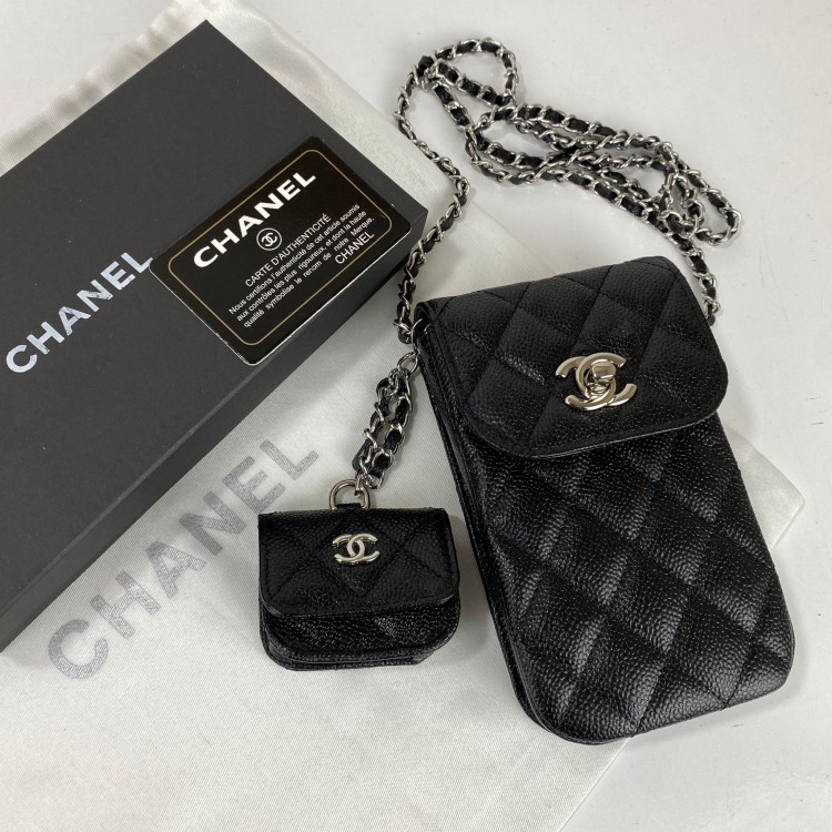 CHANEL CLASSİC PHONE AND AİRPODS CASE CAVİAR GUMUS